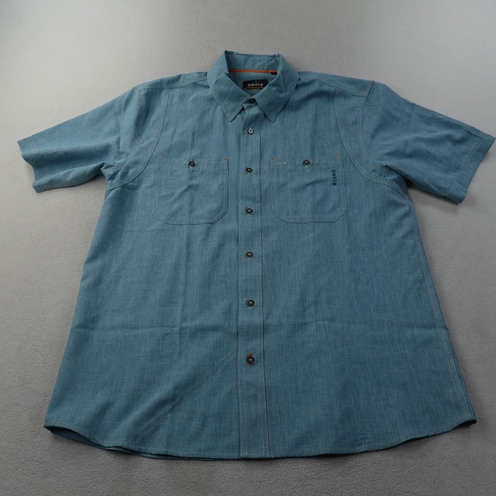 Orvis Tech Chambray Work Shirt Mens Large Blue Short Sleeve Outdoor Fishing